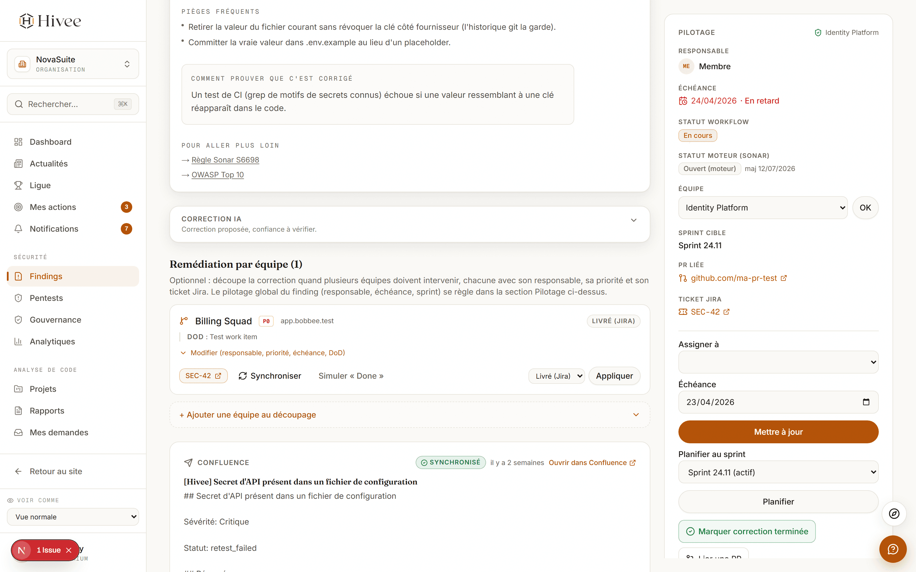 Fiche finding, section Pilotage