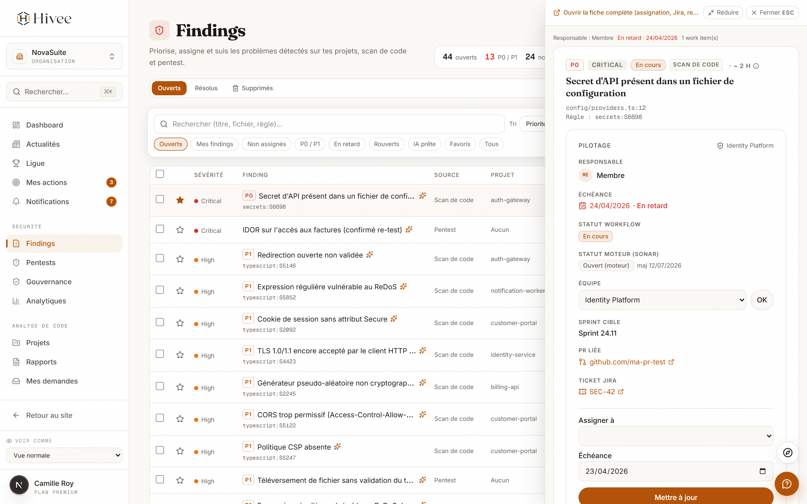 Inbox findings, fiche ouverte en split-view
