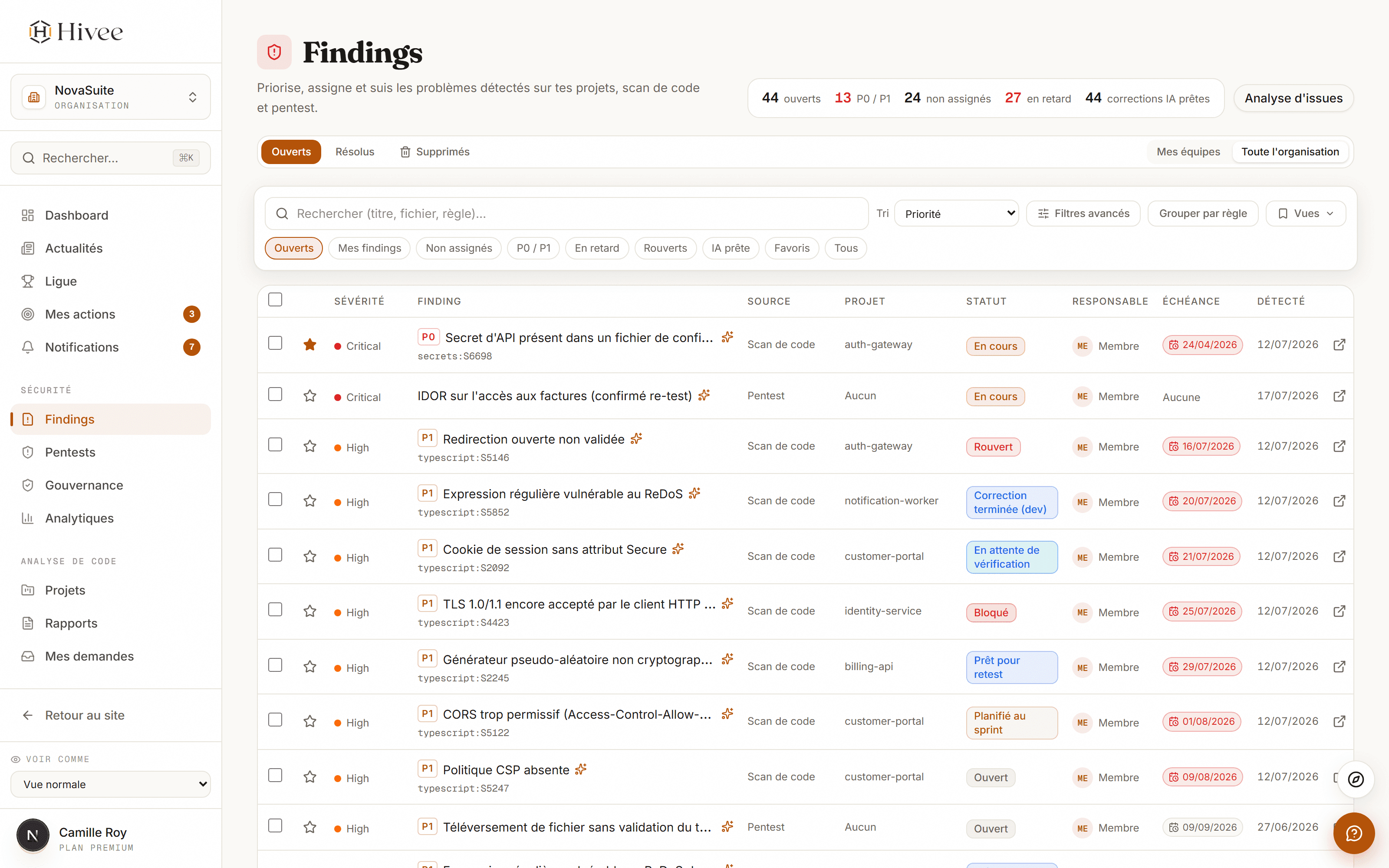 Findings Command Center, inbox transverse